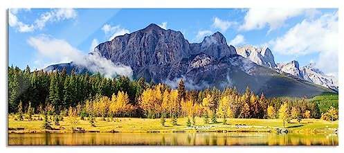 Pixxprint Glasbild Panorama, Wandbild aus Echtglas, Kanadischer Herbstwald und Berge am See, 120x50 cm, inkl. Aufhängung und Abstandshalter