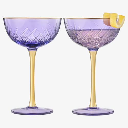 Vintage Art Deco Coupe for Champagne, Martini, Cocktails| Set of 2 | 7 oz Classic Cocktail Glassware - Manhattan, Cosmopolitan, Sidecar, Crystal Speakeasy Style Saucer Goblets with Stems (Purple)