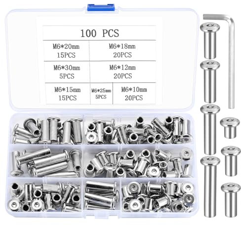 Hülsenmutter M6, 100 Stück Hülsenmuttern, Innensechskant Muttern, Möbel Sechskantmuttern zum Verbinden von Möbeln, Sofas, Stahl Vernickelt (M6)