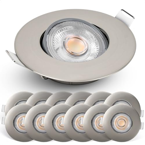 EMOS LED Einbaustrahler 230V Dimmbar, 4,9W / 480lm, 50° Schwenkbar, Warmweiß 2700K | Set mit 12 Stück LED Spots 230V Ultraflach, Rund | Deckenspots Dimmbar für Innenräume, Silber