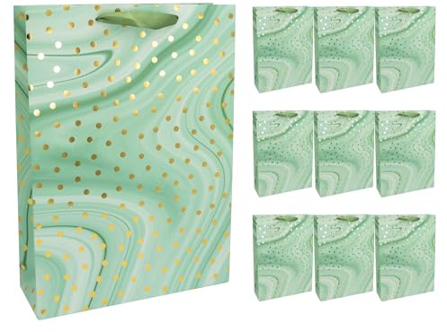 Idena 30374-10 - Geschenktüten Dot, 10 Stück, Geschenktaschen in der Größe 25 x 8 x 34,5 cm, Papiertüten in Mint-Grün mit goldenen Punkten