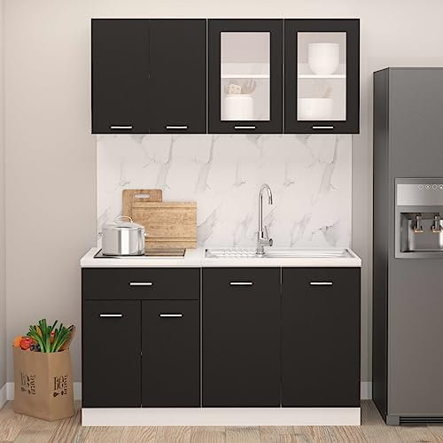 Homgoday Módulos de Cocina,140cm 4 pzs Juego de Muebles de Cocina de Cocina aglomerado Negro Armario Colgante/Armario Inferior de cajón/Armario Colgante de Vidrio/Armario Inferior de Fregadero