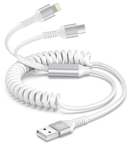 USB C und Lightning Spiralkabel 2 in 1 Schnellladekabel für iPhone 15/14/13/12/11/Pro/XS, USB Typ C Kabel für Samsung Galaxy S10, Huawei