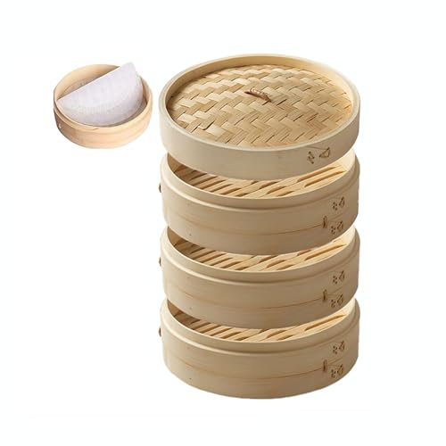 Zeetan Handmade Bamboo Steamer, 3 Tiers Steam Basket for Dumpling Dim Sum Bun Rice Chinese Food with 3 Pcs Non Stick Silicone Steamer Liners Mesh Mat Round Pad,25.4cm