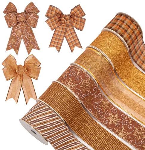 6 Rollen 30 Yard Weihnachten Band Dekorationen Weihnachtsbaumband Geschenkbox Verpackungsband Glitzer Weihnachtsbänder Schleifenband für Geschenk Weihnachtsbaum Dekoration, Bronze