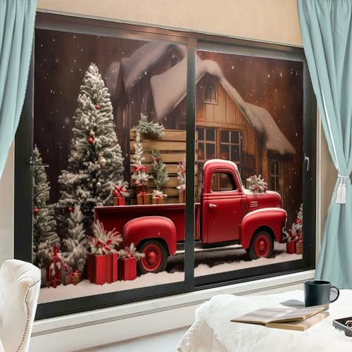 Moderne Weihnachts-Fensterfolie Abdeckungen Roter LKW Weihnachtsbaum Holzhaus Vintage Fenster Sichtschutzfolie Nicht klebende Glasfolie Dekorative Statische Frischhaltefolie für Zuhause 80 * 120 cm *