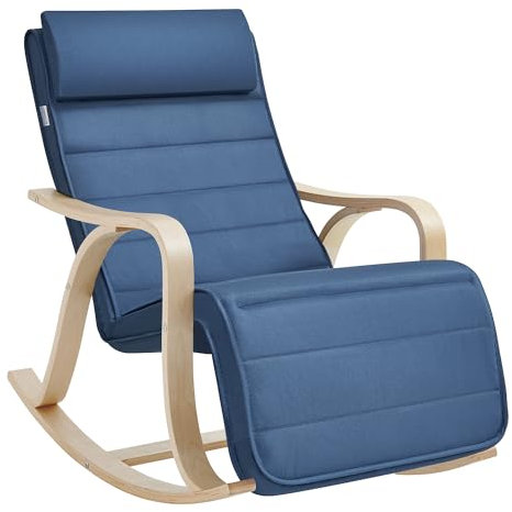 SONGMICS Schaukelstuhl aus Birkenholz, Schaukelsessel, 5-Fach verstellbare Fußstütze, Bezug aus Baumwolle, bis 150 kg belastbar, Wohnzimmer, Schlafzimmer, mitternachtsblau LYY041Q01