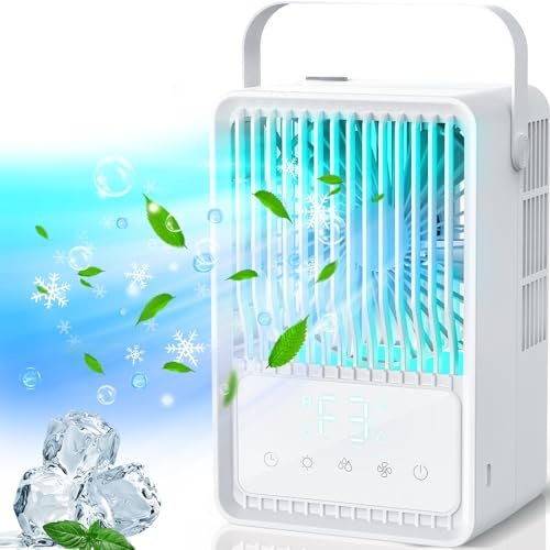 Aire acondicionado portátil, enfriador de aire evaporativo con 3 velocidades de viento y 2 modos de niebla, mini ventilador de aire acondicionado personal con temporizador de 1 a 8 horas y luz de 7