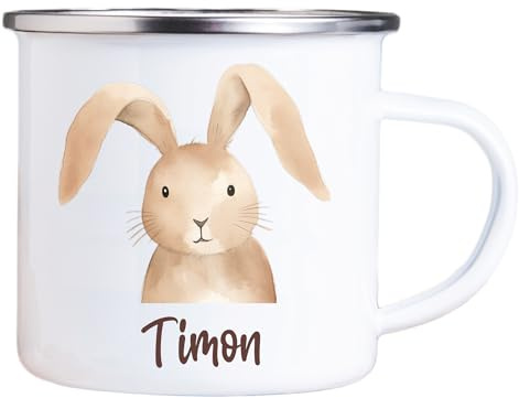 4youDesign Emaille Tasse Kinder personalisiert – Jungle Hase – Tier Namenstasse – Geschenk für Jungen & Mädchen – Bruchsicher & Leicht – Geschenkidee zur Einschulung & Geburtstag - 300ml