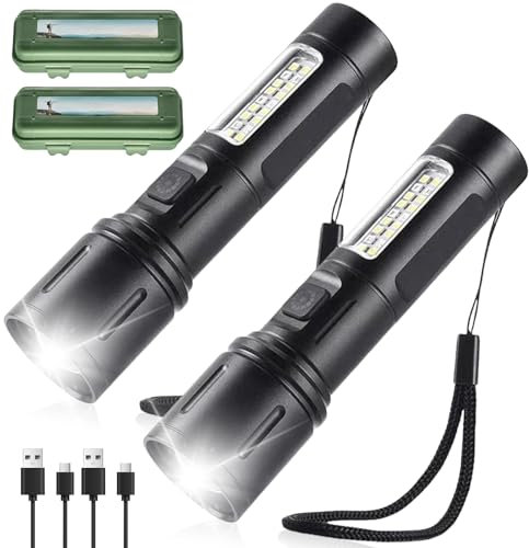 GOMETY 2 Pack Taschenlampe LED Aufladbar, 2400 Lumen Zoomable LED Taschenlampe Extrem Hell, Wasserdicht akku Taschenlampe mit 7 Modi, Typ C Akku Taschenlampe für Outdoor, Starke Taschenlampe Camping