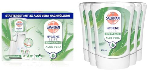 Sagrotan No-Touch Automatischer Seifenspender Weiß – Inkl. Nachfüller Aloe Vera – 2 x 250 ml Flüssigseife + Sagrotan No-Touch Nachfüller Aloe Vera für den automatischen Seifenspender – 5 x 250 ml