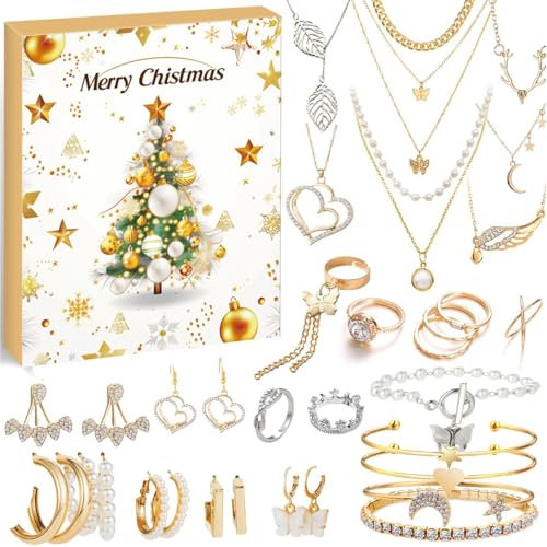 Adventskalender 2024 Schmuck Weihnachtskalender 24 Überraschungen Halskette Armband Ringe Ohrringe Geschenken,Adventskalender Schmuck Frauen Weihnachten Countdown Adventskalender Mädchen (C)
