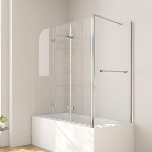 Duschwand für Dusche mit Seitenwand 3-teilig Faltbar 80 x 120 x140 cm,Duschaufsatz für Badewanne Faltbar 6mm Nano Beschichtung Badewannenfaltwand,Silber