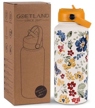 Goetland Fleur Gourde Inox 1l Isotherme Bouteille D'eau avec Paille et Ouverture pour Boire Adulte Femme Sport Personnalisable Étanche Sans BPA Reutilisable Jaune Vif