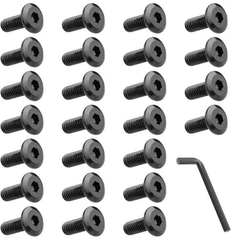 HOTUT Vite a Testa Svasata M6 x 16 mm, 25 Pezzi Viti a Testa Piatta con Esagono Incassato in Acciaio Inox V2A A2 Ossido Nero, Viti a Piatta Macchina Completa Filettatura con Chiave a Brugola