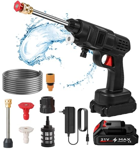 Nettoyeur Haute Pression sans Fil,5L/Min Nettoyeur Haute Pression,Pistolet Haute Pression sans Fil 20Bar,Nettoyeur Haute Pression sur Batterie,Tuyau 5M,pour Lavage et Arrosage de Voiture (1 Batterie)