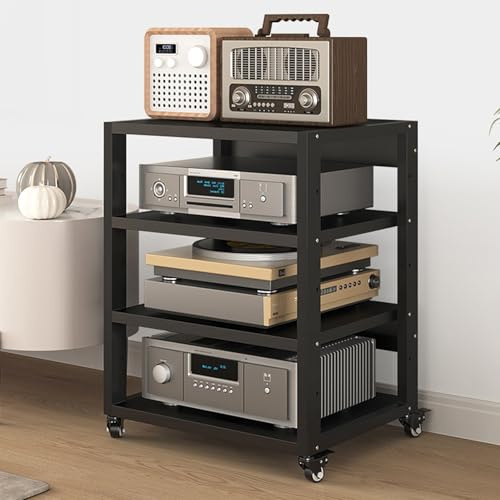 STCERY Audio Rack HiFi Regal, 4-stufiger Audio-Medienständer, Stabiler Metallrahmen mit Universalrädern, Höhenverstellbares Regal, für Büros/Aufnahmeräume/Heimkino(69.5cm/27.4in)