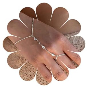 Inateannal Pulsera con anillo de dedo con diamantes de imitación pulsera de cadena de mano de plata pulsera de cadena con anillo de muñeca de cristal pulsera esclava pulsera de boda joyería para mujer