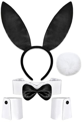 JISRKP Bunny Costume 5-Piece Set with Bunny Ears, Collar & Bow Tie - Easter Bunny Costume & Playboy Bunny Costume Adult for Women, Soft Bunny Outfit for Halloween Party Accessories