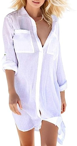 pvucpot Cache Maillot de Bain Femme Plage Chemise Été, Tunique Paréo Cover Up Blouse Boutonnee Col V Maillot De Bain Cache-Maillots Et Sarongs Haut Robe de Plage Femme Maillot De Bain