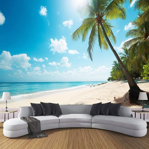 Blauer Himmel Strand- Fototapete - Palmenblick - Größe 260X175Cm (Breite X Höhe) Wandtapete Tapete, Wandbild Wandtattoo Dekoration - Tapete, Kinderzimmer, Kindertapete