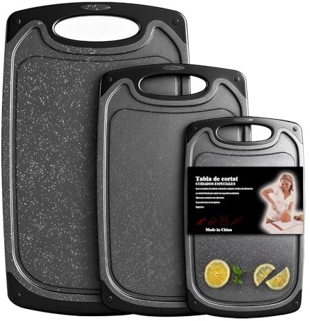 Homshsjhkis 3 Pcs Planche a Decouper Plastique, Decoupe Legumes avec Rainure, Cutting Board, Billot, Chopping Board, Qualité Professionnelle pour Cuisine, Planches Parfaites pour Pain, Viande, Fruits