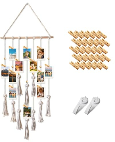 Prelisee Foto Hängendes Makramee Bilderrahmen Wandbehang Fotowand Fotorahmen Wandrahmen mit 30 mini Holzklammern & 2 Spurlosen Nägeln 132cm Foto Hängende Wanddekoration für Bilder Collagen Postkarten