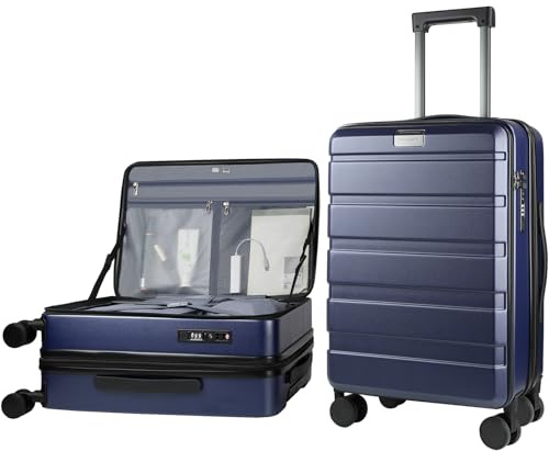 KROSER Koffer Trolleys Handgepäck Erweiterbarer Hartschalenkoffer mit Öffnung Oben, geräumiger, strapazierfähiger Rollkoffer mit USB-Anschluss, 20 Zoll, Marine