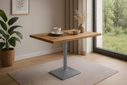 SAM Bistrotisch INES | 80 x 60 cm | Mangoholz massiv | Farbe: Natur | Baumkante | Säulen-Gestell Metall Silber | Baumkantentisch/Säulentisch/Esstisch für Küche, Café & Essbereich