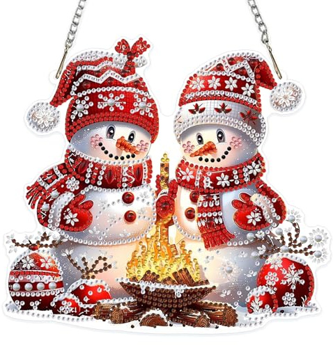 MOGTAA Weihnachten Diamond Painting Anhänger, Schneemann Diamond Painting mit Kette Kinder Erwachsene, Winter Diamant Painting Fensterbilder, Hängende Ornament Bastelset Set für Wand Decor