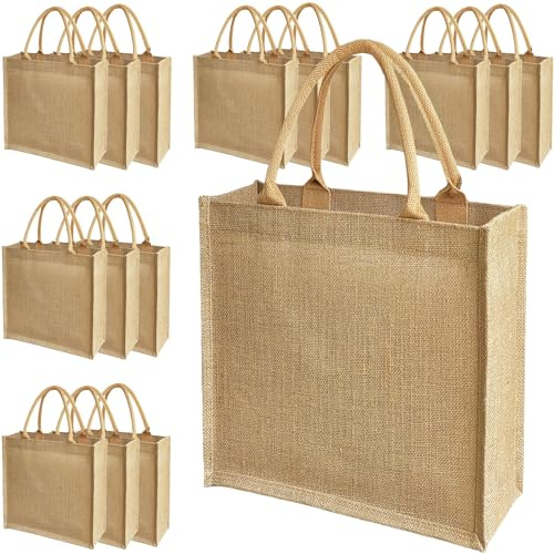 GOQAGA 15pcs Reusable Burlap Bags Jute Tote Bags 12x13x7 Inches gift bag Waterproof for Wedding Favors Beach Grocery Shopping DIY Crafts Eco-Friendly Jute Handbags
