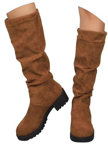 Bottes montantes en daim pour femme 2025, mode d'hiver, couleur unie, mollet large froncé, bout rond, confortables, antidérapantes, décontractées, confortables, à talons carrés, marron, 35.5 EU