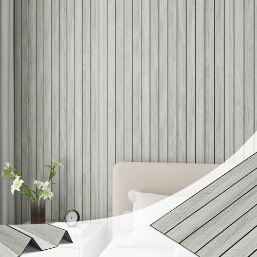 LACHEERY 3D Wandpaneele Selbstklebend Holz 30cm x 400cm Paneele Wand Hellgrau Wandverkleidung Holzoptik Natur Holzpaneele Wand Grau Vintage Wandaufkleber für Wohnzimmer Küche Badezimmer Restaurant