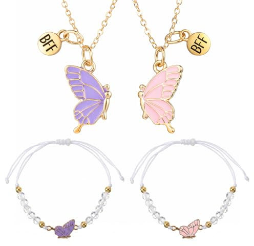 SHENLIU Freundschaftskette Freundschaftsarmbänder Set für 2 Mädchen BFF | Halskette Schmetterling Schmuck Anhänger und Schmetterling Armbänder für Beste Freunde Personalisierter Schmuck