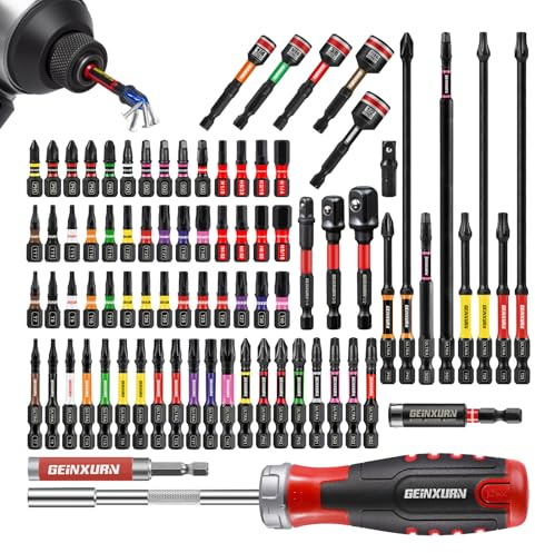 GEINXURN 82 Pièces Jeu d'Embouts de Tournevis PH/PZ/Torx/Hex,25mm,50mm,75mm,150mm,Queue Hexagonale 1/4,Acier S2,Avec Clé à Cliquet et Porte-Embout Magnétique,Douilles,Adaptateur de Douille