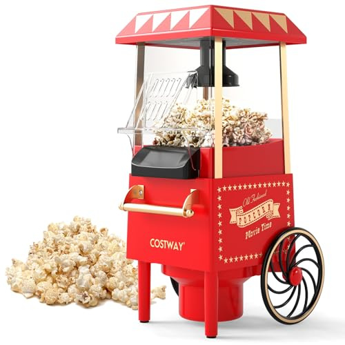 COSTWAY Retro popcornmaskin, 1 200 W, varmluft, popcornmaskin utan olja, snabb beredning på 2 minuter, popcornmaskin kompakt 67 ml, för hemmabio, fest, hem, röd