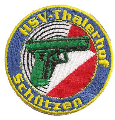 Patch HSV Thalerhof Schützen Aufnäher Bestickt zum aufnähen, Pistole Waffen Abzeichen Polizei Verein Bügelbilder Applikation für Uniform/Jacke/Tasche, 60x60mm