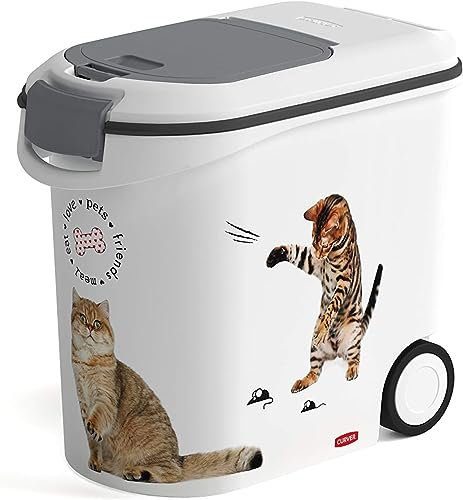 Curver Cat Food Container – 12 kg/35 L – Large Airtight Odour-Proof Storage for Cats Food – Container with Wheels and Handles for Displacement – 28 x 49 x 43 cm – White
