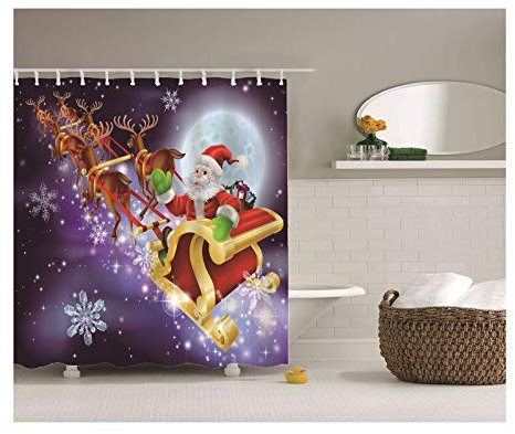 KnSam Duschvorhang Anti-Schimmel Wasserdicht Vorhänge an Badewanne Bad Vorhang für Badezimmer Weihnachtsmann Elch 100% PEVA inkl. 12 Duschvorhangringen 120 x 180 cm