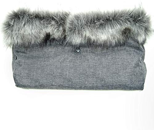 Baby-Joy Kinderwagen Muff mit Kunstfell, Wetterfester Handwärmer mit Fleece & Wattierung, Luxus Handschutz für Kinderwagen & Buggy | Farbe: L0202 Leinenlook Graphit-Graphit