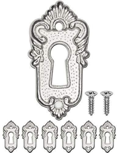 FUXXER® 6x Antike Schlüssel-Schilder, Schloss-Rosetten, Vintage Design, 45x23mm, silber