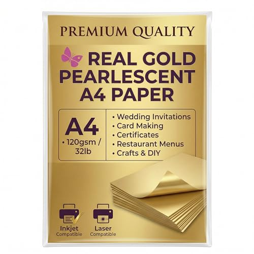 Premium Pearlescent Paper A4 (8.27 x 11.7”) 120gsm (32lb Bond) – Shimmer Cardstock Sheets for Inkjet & Laser Printers – Ideal for Certificates, Invitations, Menus & Crafts (50, Real Gold)