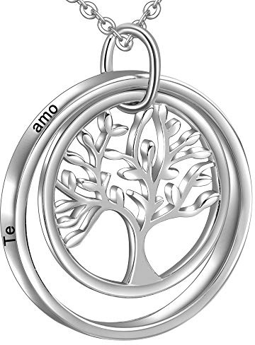 LOVORDS Collar Mujer Grabado Plata de Ley 925 Colgante Árbol de la Vida Familiar Círculo Regalo Madre Mamá Esposa Novia Abuela Hija