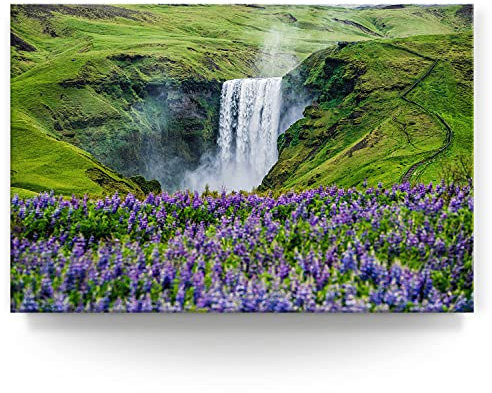 BilderKing Wandbild Wasserfall Skógafoss Island - 150cm x 100cm Leinwand auf 4cm Keilrahmen