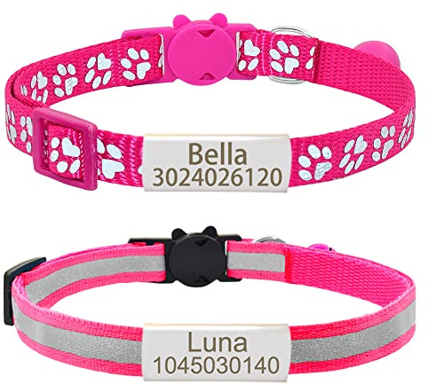 Senristar Reflektierendes Katzenhalsband, personalisierbar mit Namensschild und Glöckchen, Anti-Verlust-Namensschild, passend für Mädchen und Jungen (Hot Pink, 20,3-27,9 cm)