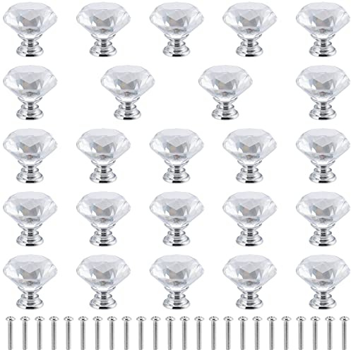 JEUIHAU 24 Pack Crystal Knobs, 30mm Clear Drawer Knobs with 24 Screws, Crystal Glass Door Knobs Door Handles Diamond Pulls for Cupboard Cabinet Dresser Drawer