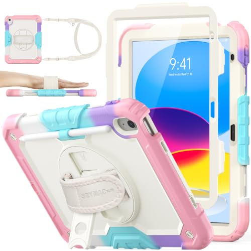 SEYMAC Stock Coque pour iPad (A16)11/10ème Génération 11''/10,9'' 2025/2022 | Coque Antichoc avec Protecteur D'écran, Support Rotatif à 360°/Dragonne, Porte-Crayon et Bandoulière, Rose+Beige