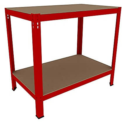 Banco Tavolo Da Lavoro In Acciaio Metallo MDF Senza Bulloni Portata Fino 550 Kg 2 Ripiani Regolabili 90 x 100 x 60 cm Ideale Per Magazzino Garage Officina Cantina Capannone Design Modulare (Red)