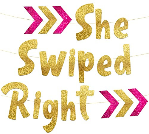 She Swiped Right Funny Bachelorette Party Gold Glitter Banner - Hen Party Decorations, Favors and Supplies