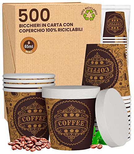 500 Bicchierini in Carta per caffè 65ml ASPORTO PubCUP con COPERCHIO in carta Bicchieri Ecologici Biodegradabili Monouso Piccoli Asporto Bevande Calde + 500 coperchi
